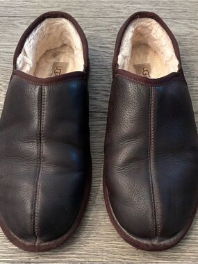 UGG Men’s Dark Brown Leather Shearling-Lined Slip-Ons